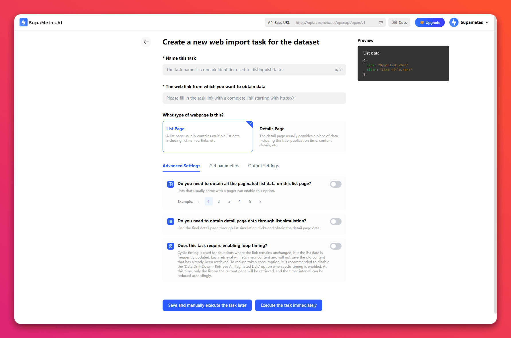 Create a new web import task for the dataset.png